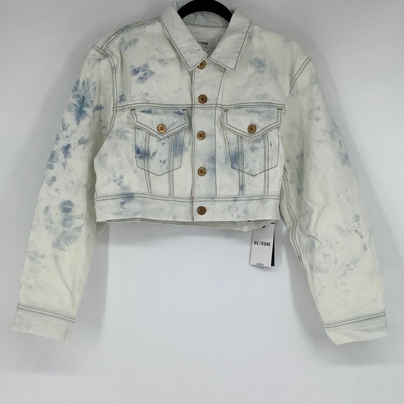 NEW! RE/DONE Size Medium Cropped Denim Trucker Jacket Sunbleach $385 msrp I9-5 - Picture 2 of 9